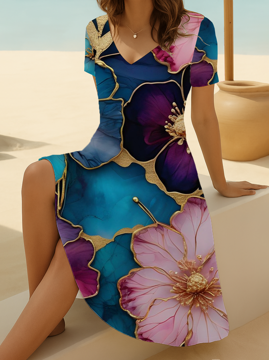 Women Floral Short Sleeve Summer Printing Dress V Neck Daily Casual Midi Fit & Flare Dress A-Line Dress