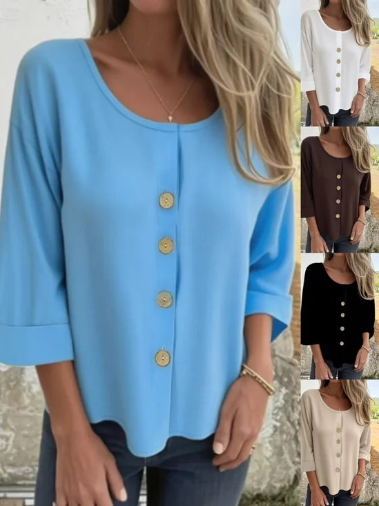 Women Plain Three Quarter Sleeve Shirt Spring/Fall Split Joint Crew Neck Daily Casual Top