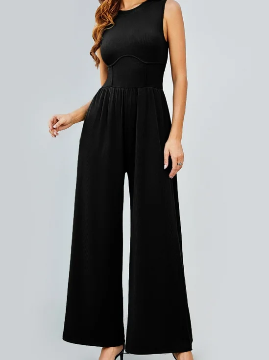 Women Plain Crew Neck Sleeveless Casual Summer Jumpsuit