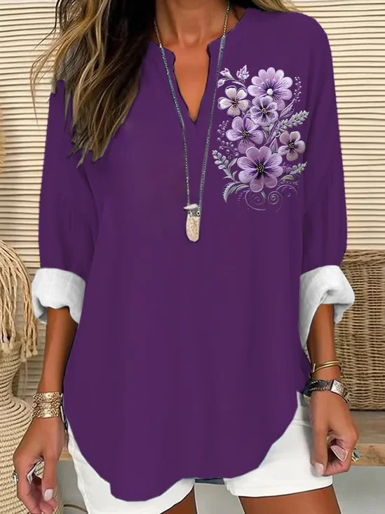 Women Floral Long Sleeve Blouse Spring/Fall Printing V Neck Daily Casual Top