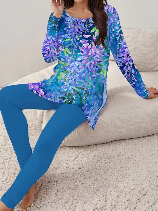 Women Floral Printing Two-Piece Set Daily Long Sleeve Casual Spring/Fall Top With Pants Matching Set