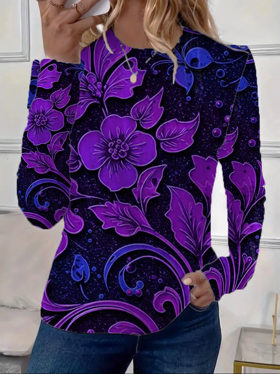 Women Floral Long Sleeve Tee T-shirt Crew Neck Printing Casual Spring/Fall Graphic Tee Top