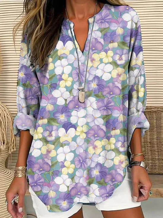 Women Floral Long Sleeve Blouse Spring/Fall Printing V Neck Daily Casual Top