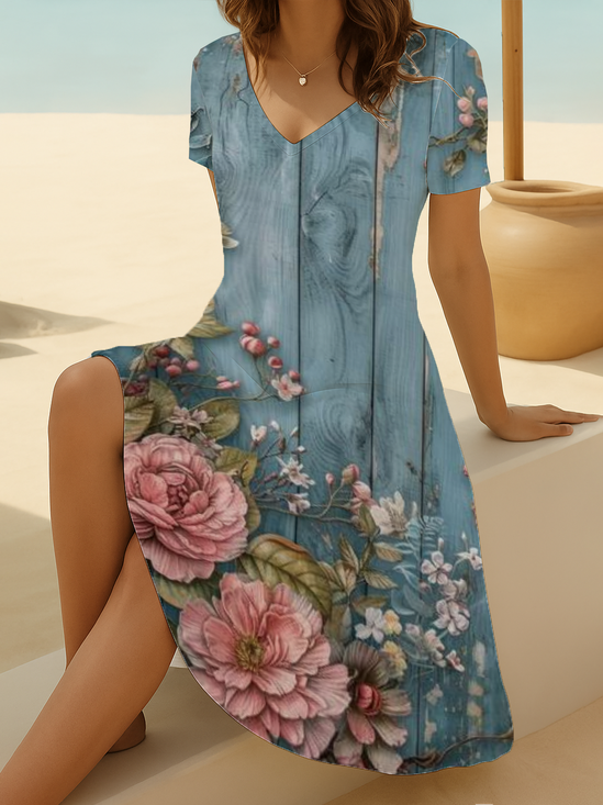 Women Floral Short Sleeve Summer Printing Dress V Neck Daily Casual Midi Fit & Flare Dress A-Line Dress