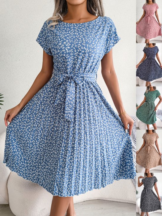 Women Floral Short Sleeve Summer Printing Dress Crew Neck Daily Vintage Midi Tank A-Line Dress