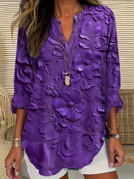 Women Floral Long Sleeve Blouse Spring/Fall Printing V Neck Daily Casual Top