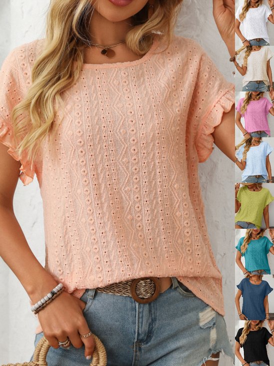 Women Geometric Short Sleeve Tee T-shirt Crew Neck Jacquard Casual Summer Top