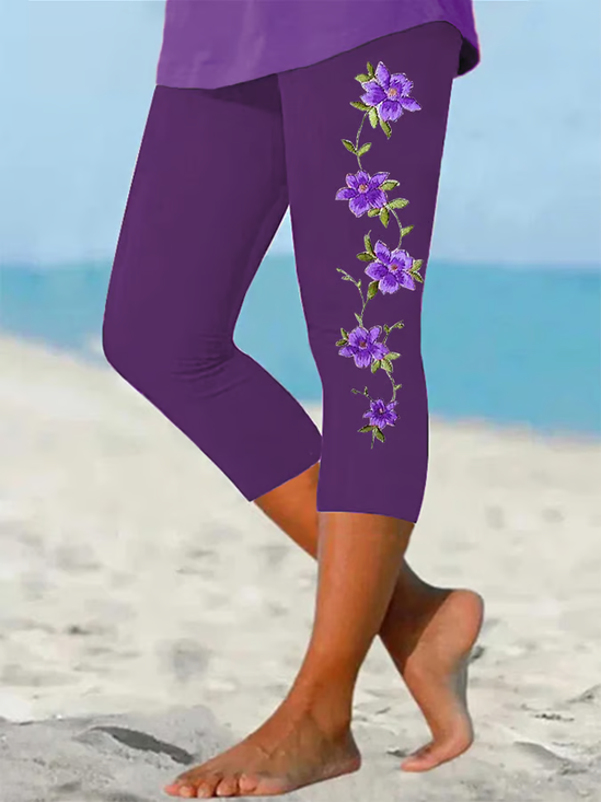 Women Floral Capris Elastic Waist Pants Casual Summer Trousers