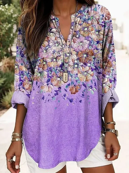 Women Floral Long Sleeve Blouse Spring/Fall Printing V Neck Daily Casual Top
