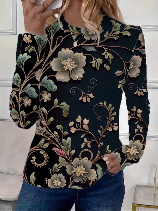 Women Floral Long Sleeve Tee T-shirt Crew Neck Printing Casual Spring/Fall Graphic Tee Top