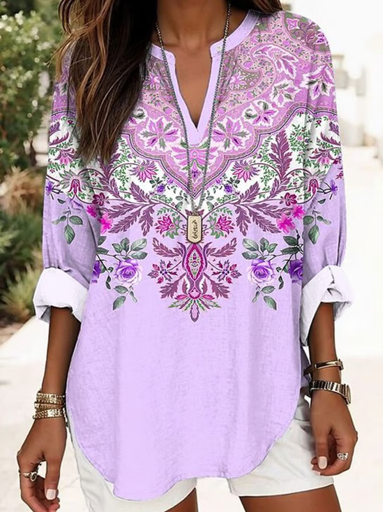 Women Floral Long Sleeve Blouse Spring/Fall Printing V Neck Daily Casual Top