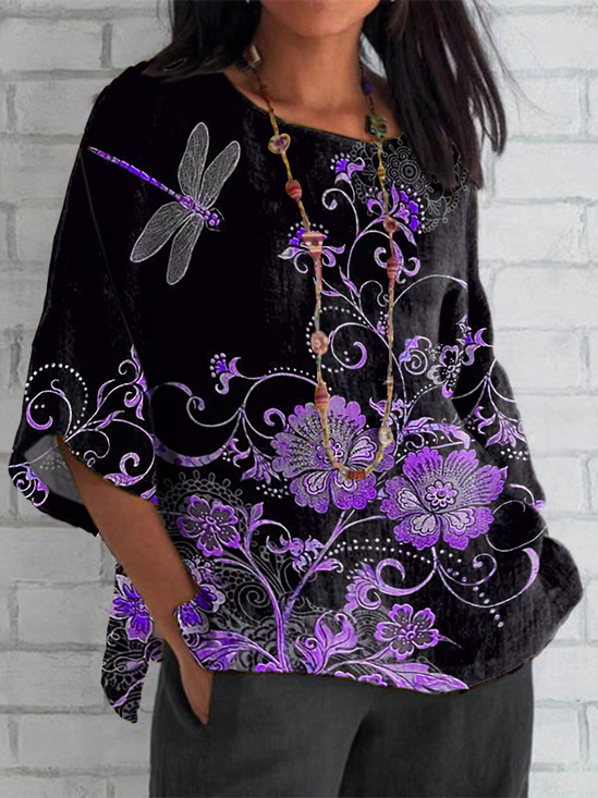 Women Floral Half Sleeve Tee T-shirt Crew Neck Casual Summer Top