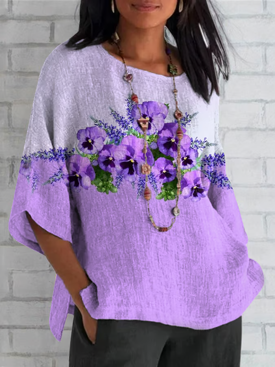 Women Floral Half Sleeve Tee T-shirt Crew Neck Casual Summer Top