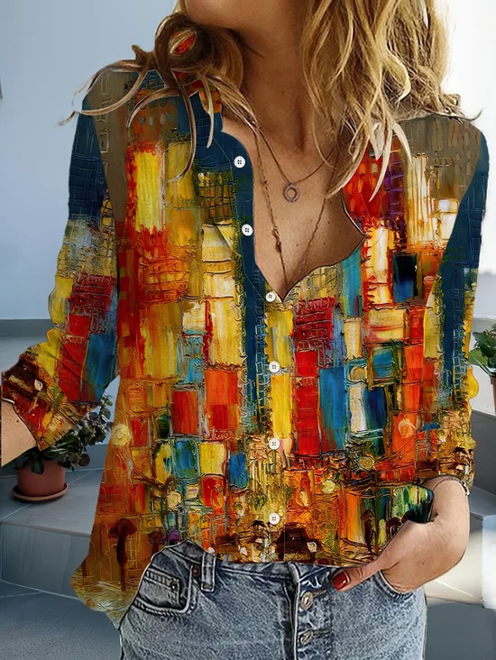 Women Abstract Long Sleeve Shirt Spring/Fall Buckle Shirt Collar Daily Casual Top