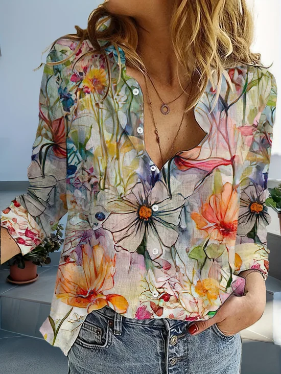 Women Floral Long Sleeve Shirt Spring/Fall Buckle Shirt Collar Daily Casual Top