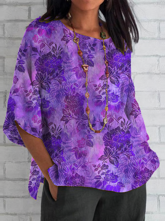 Women Floral Half Sleeve Tee T-shirt Crew Neck Casual Summer Top