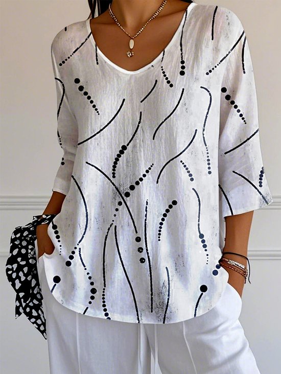 Women Striped Three Quarter Sleeve Tee T-shirt V Neck Casual Spring/Fall Top