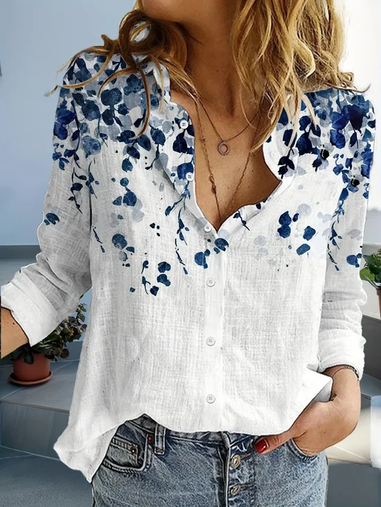 Women Floral Long Sleeve Shirt Spring/Fall Buckle Shirt Collar Daily Casual Top
