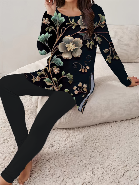 Women Floral Printing Two-Piece Set Daily Long Sleeve Casual Spring/Fall Top With Pants Matching Set