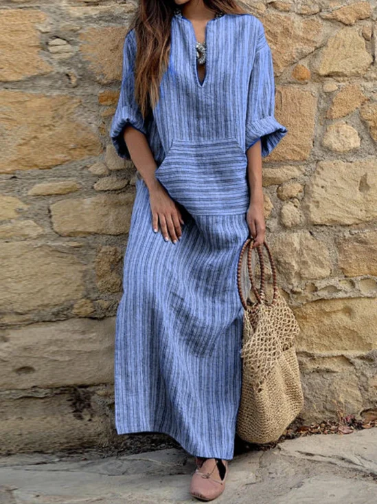 Women Striped Long Sleeve Spring/Fall Printing Dress U-Neck Daily Vintage Maxi Tank A-Line Dress