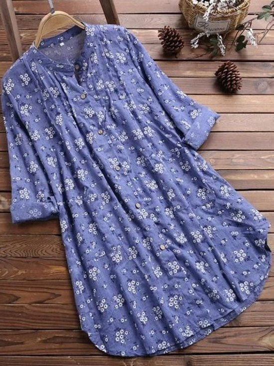 Women Floral Long Sleeve Shirt Spring/Fall Printing Stand Collar Daily Casual Top