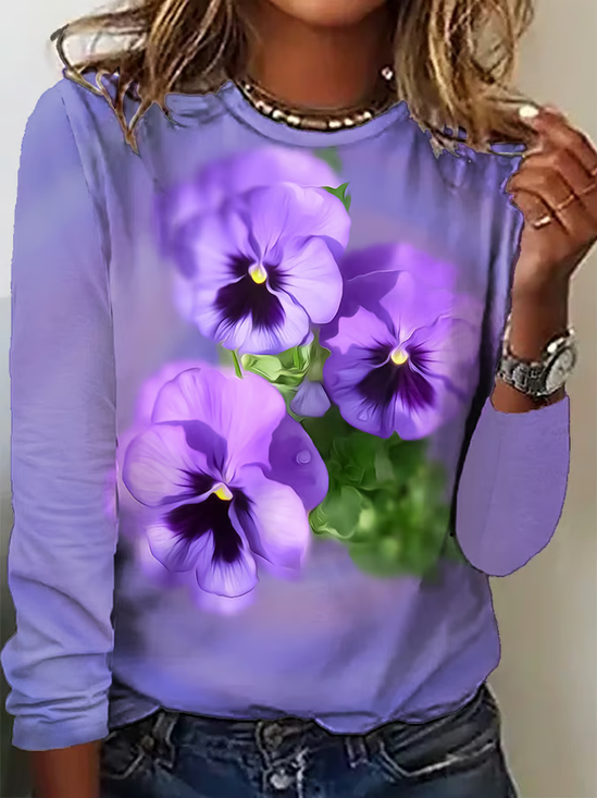 Women Floral Long Sleeve Tee T-shirt Crew Neck Printing Casual Spring/Fall Graphic Tee Top