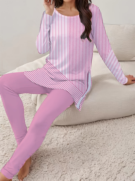 Women Striped Printing Two-Piece Set Daily Long Sleeve Casual Spring/Fall Top With Pants Matching Set