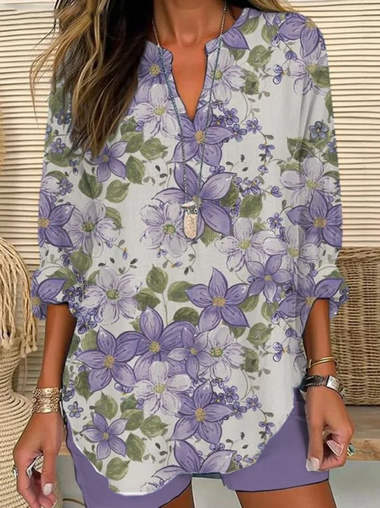 Women Floral Long Sleeve Blouse Spring/Fall Printing V Neck Daily Casual Top