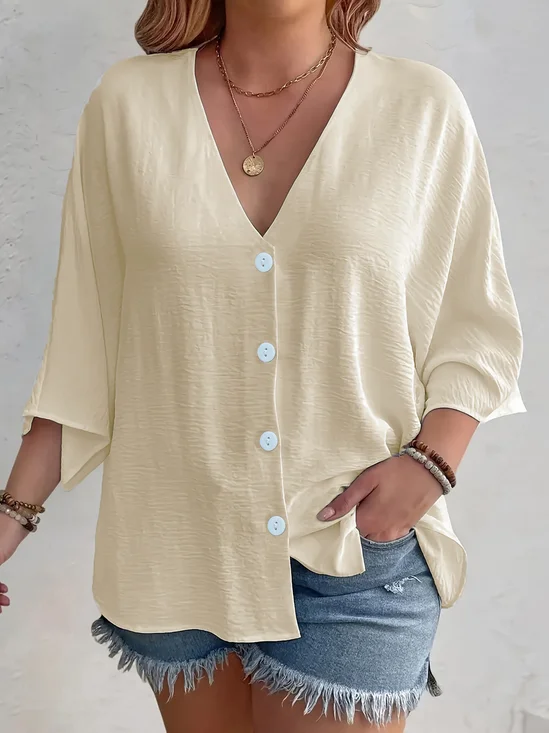 Women Plain Three Quarter Sleeve Shirt Spring/Fall Split Joint V Neck Daily Casual Top