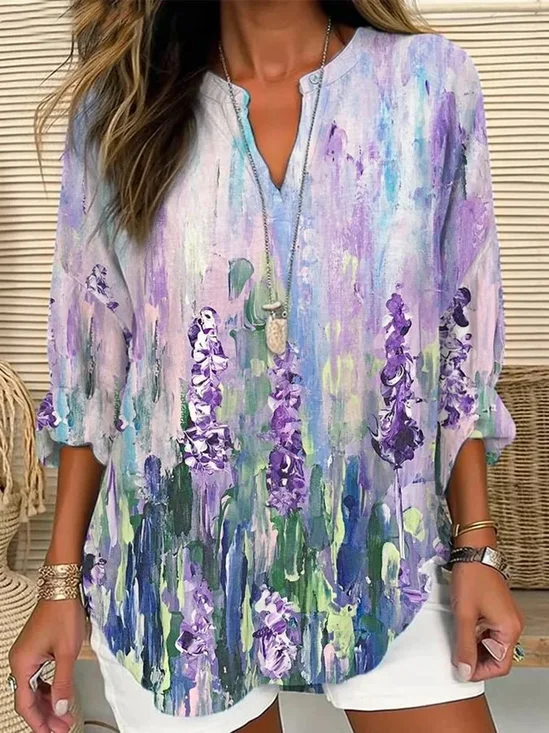 Women Floral Long Sleeve Blouse Spring/Fall Printing V Neck Daily Casual Top