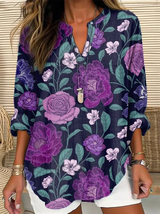 Women Floral Long Sleeve Blouse Spring/Fall Printing V Neck Daily Casual Top