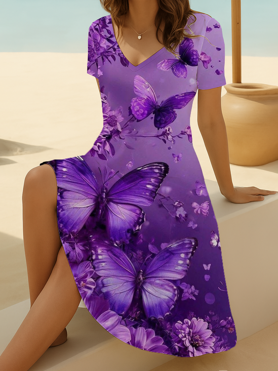 Women Floral Short Sleeve Summer Printing Dress V Neck Daily Casual Midi Fit & Flare Dress A-Line Dress