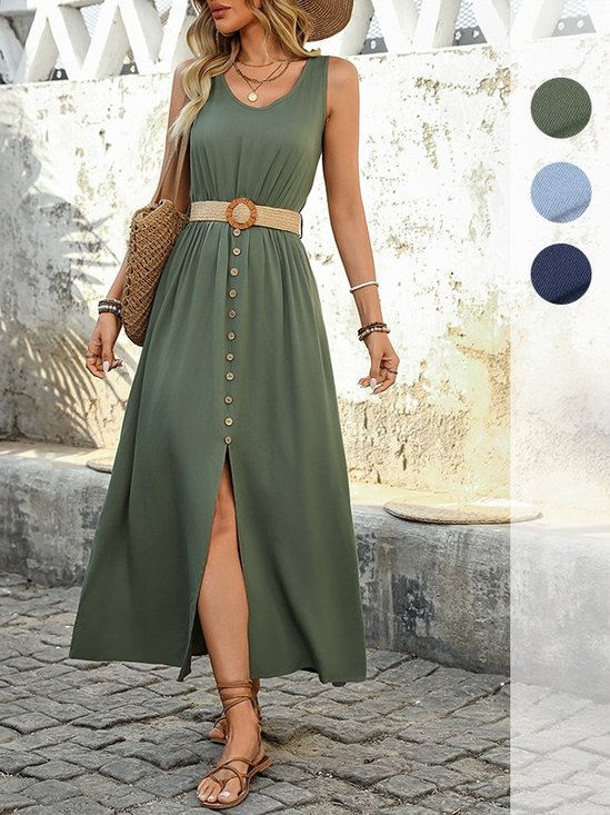 Women Plain Sleeveless Summer Split Joint Dress V Neck Daily Vintage Maxi Tank A-Line Dress