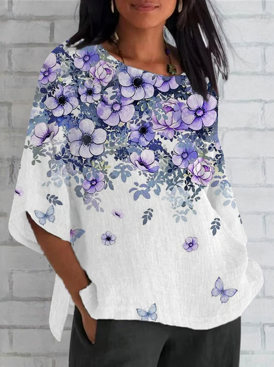 Women Floral Half Sleeve Tee T-shirt Crew Neck Casual Summer Top