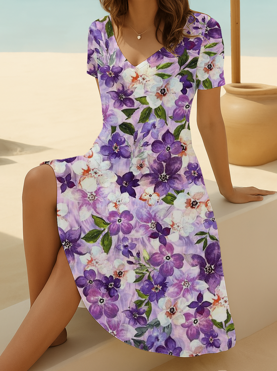 Women Floral Short Sleeve Summer Printing Dress V Neck Daily Casual Midi Fit & Flare Dress A-Line Dress