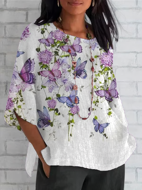 Women Floral Half Sleeve Tee T-shirt Crew Neck Casual Summer Top