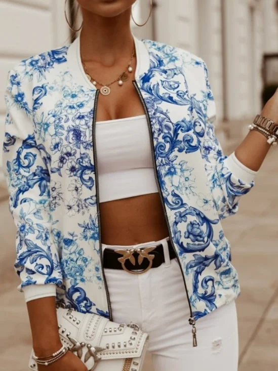 Women Spring/Fall Outerwear Vintage Printing Floral Long Sleeve Stand Collar Jacket