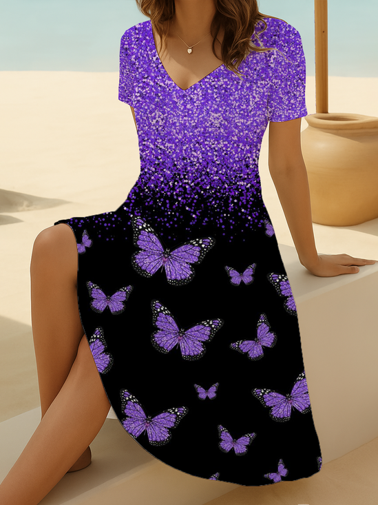 Women Butterfly Short Sleeve Summer Printing Dress V Neck Daily Casual Midi Fit & Flare Dress A-Line Dress