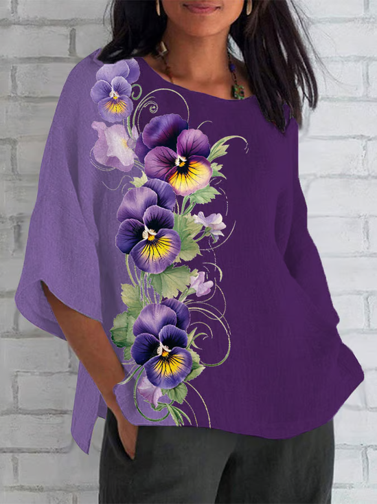 Women Floral Half Sleeve Tee T-shirt Crew Neck Casual Summer Top