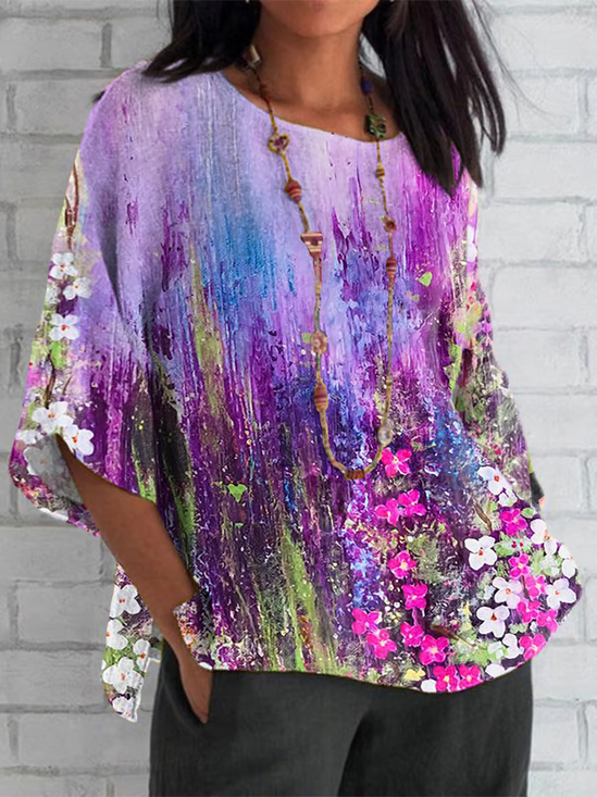Women Floral Half Sleeve Tee T-shirt Crew Neck Casual Summer Top