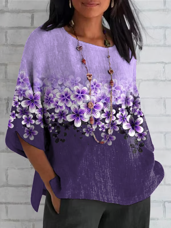 Women Floral Half Sleeve Tee T-shirt Crew Neck Casual Summer Top