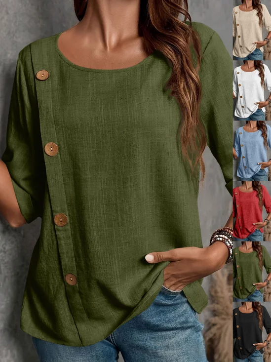 Women Plain Half Sleeve Blouse Summer Split Joint Crew Neck Daily Casual Top
