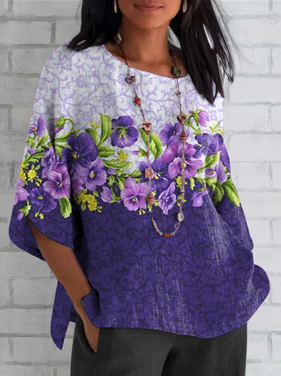 Women Floral Half Sleeve Tee T-shirt Crew Neck Casual Summer Top
