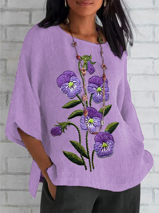 Women Floral Half Sleeve Tee T-shirt Crew Neck Casual Summer Top