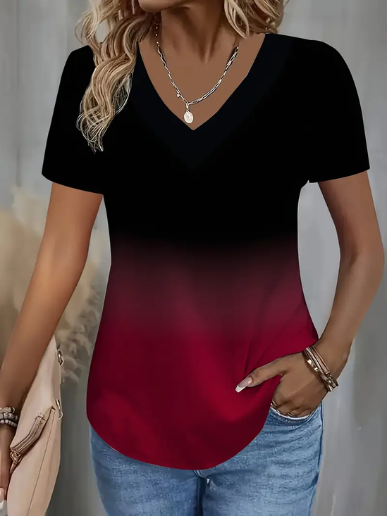 Women Ombre Short Sleeve Tee T-shirt V Neck Printing Casual Summer Graphic Tee Top