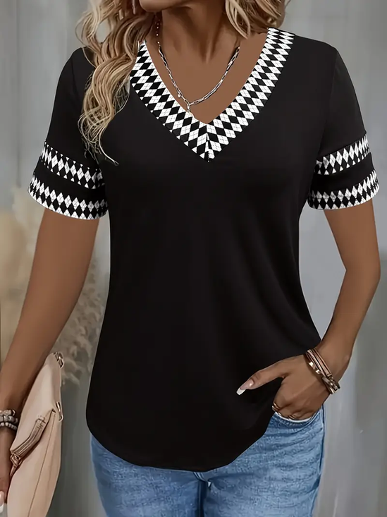 Women Geometric Short Sleeve Tee T-shirt V Neck Printing Casual Summer Graphic Tee Top