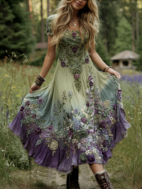 Women Floral Short Sleeve Summer Dress V Neck Daily Casual Maxi A-Line Dress