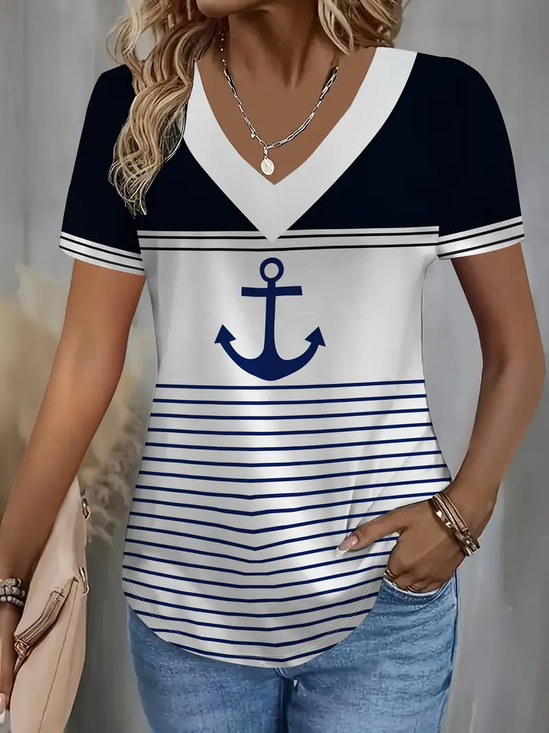 Women Anchor Short Sleeve Tee T-shirt V Neck Printing Casual Summer Graphic Tee Top