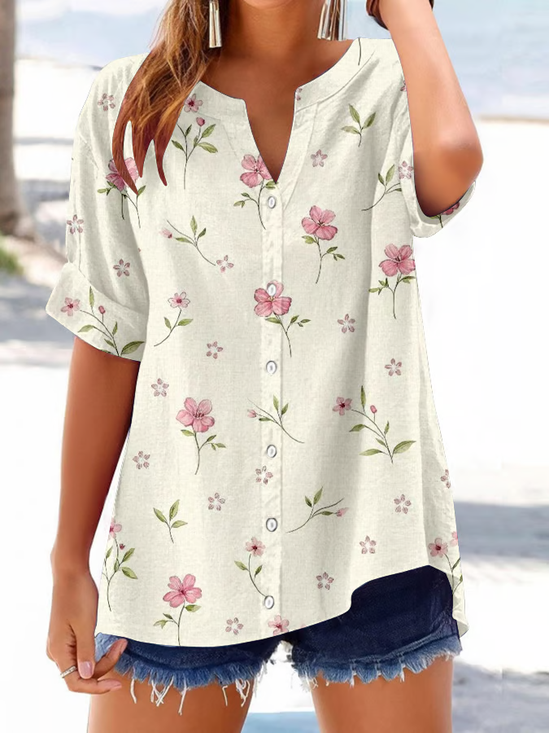 Women Floral Short Sleeve Shirt Summer Printing V Neck Daily Casual Top
