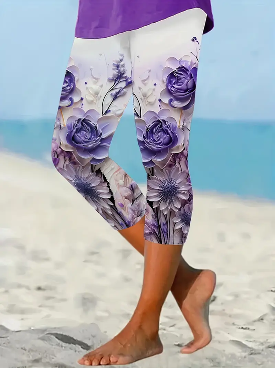 Women Floral Capris Elastic Waist Pants Casual Summer Trousers